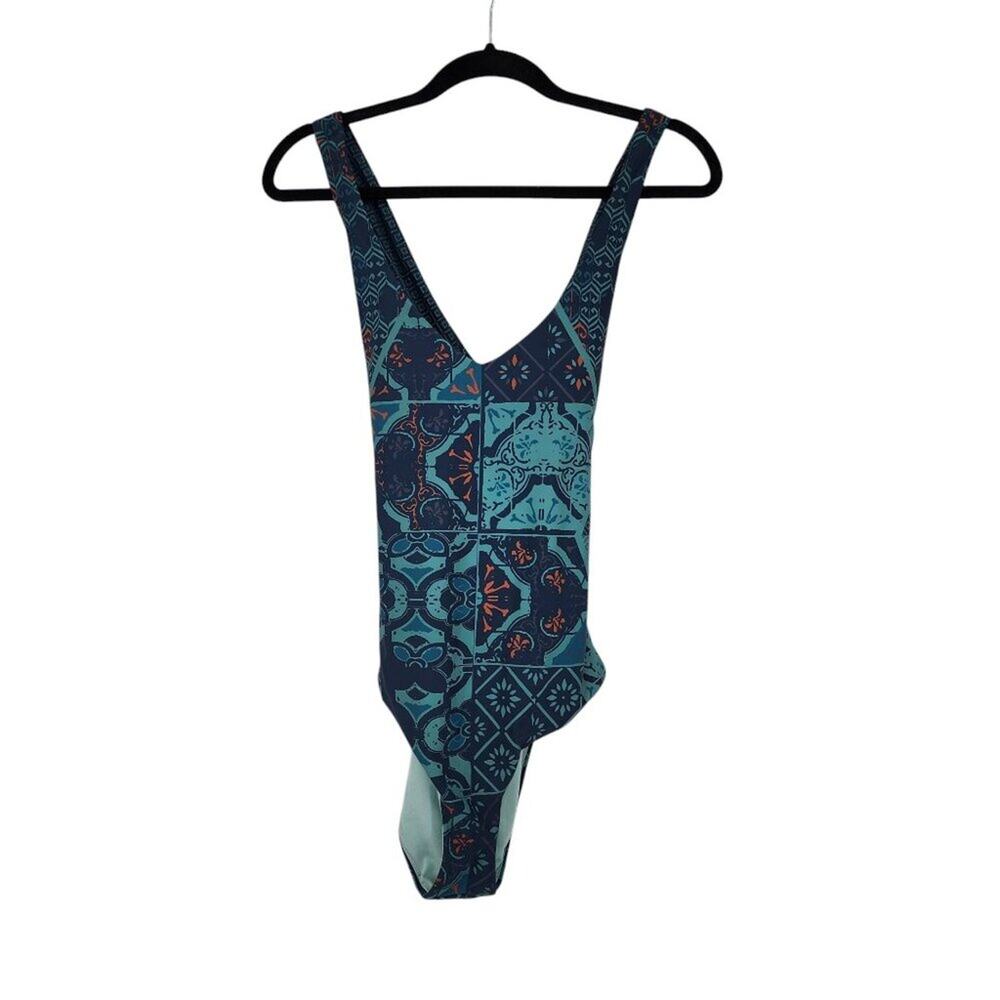 Prana Womens One-Piece V-Neck Swimsuit Geometric Boho Print Medium Blue & Teal